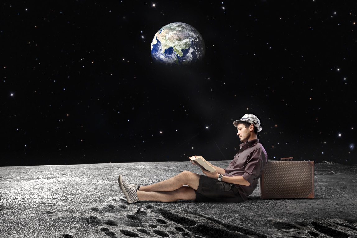 Space tourism. Male traveller man on a hat with luggage as a tourist on the moon with a view of Earth