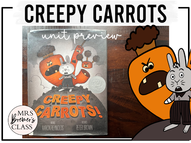 Creepy Carrots book activities unit with printables, literacy companion activities, reading worksheets, and a craft for Kindergarten and First Grade