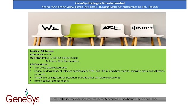 GenSys Biologics – Urgently Opening for Freshers-1year Expd in Quality Assurance | Send CV