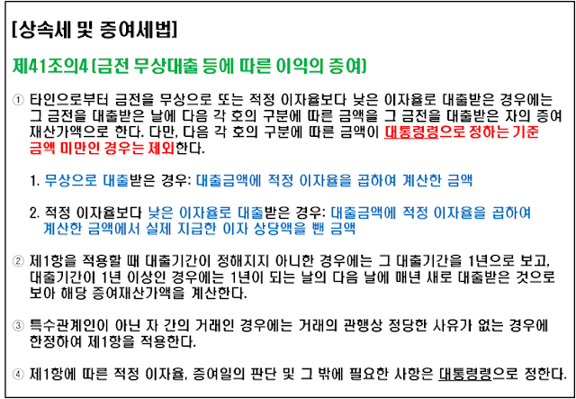 상속세 및 증여세법 제41조의 4(금전 무상대출 등에 따른 이익의 증여) 법령