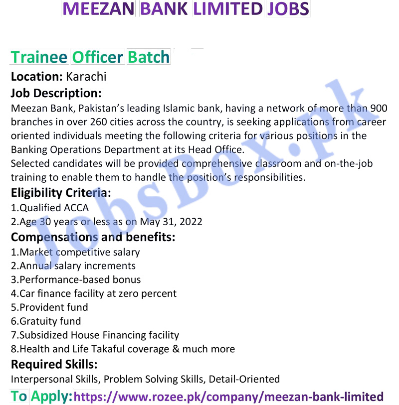 Meezan Bank Trainee Officer and Trade Officer Jobs 2022