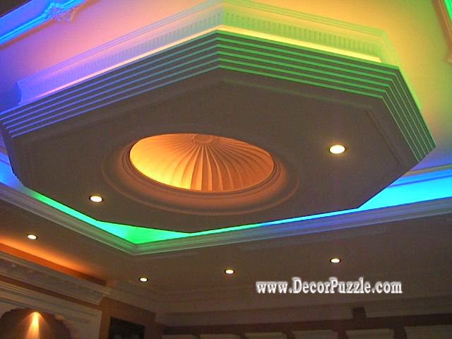 suspended ceiling, pop false ceiling design of gypsum with LED ceiling lights multicolors