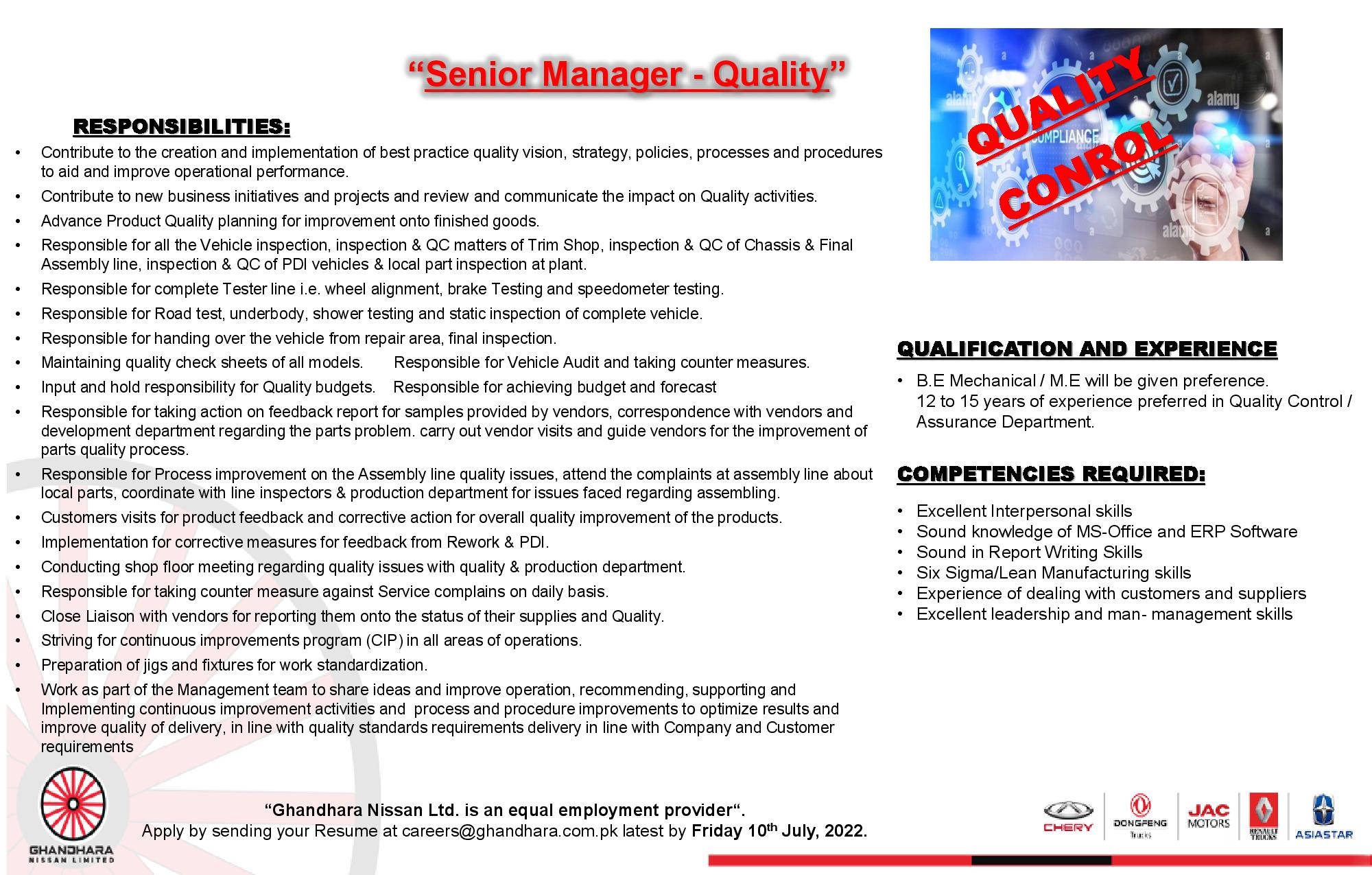Ghandhara Nissan Ltd. Jobs For Senior Manager - Quality