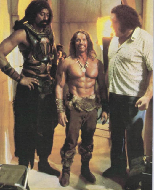 Arnold Schwarzenegger with Wilt Chamberlain and Andrè the Giant on the set of Conan the Destroyer, 1983.