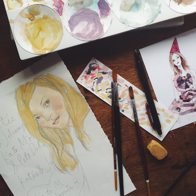 Kitty N. Wong / Kate Moss illustration in gouache, artist desk