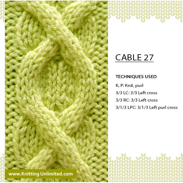 [Intermediate Cable Knitting] Spruce up your knitting with Cable No 27. Cast on a multiple of 16 plus 3 and 16-row repeat. All it takes is a little bit of time, patience, and determination.