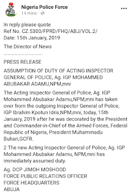 Acting IGP,  Adamu Resume Duty,  Release New Press Statement