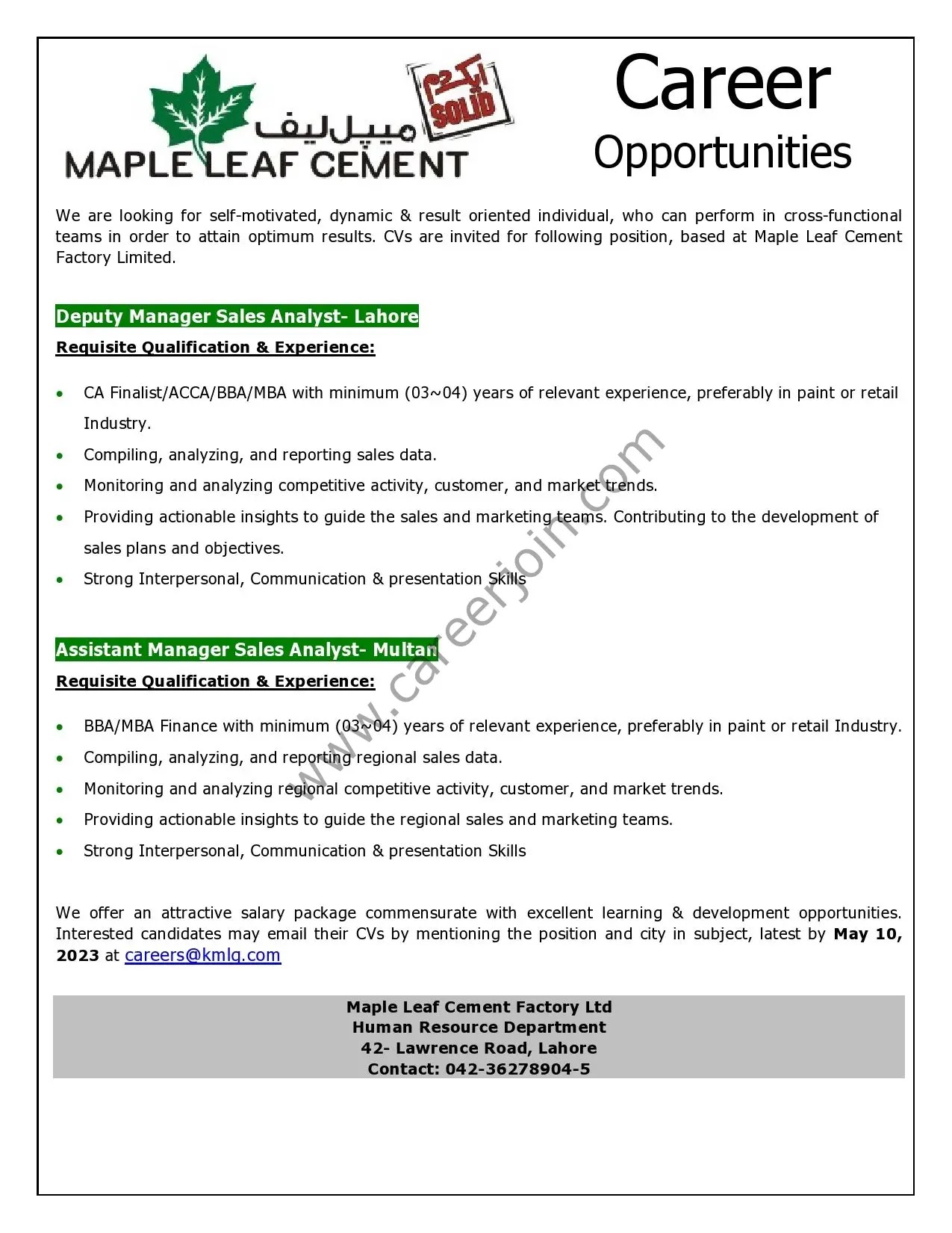 Maple Leaf Cement Jobs 2023 - Latest Advertisement