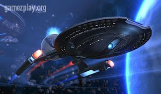 starship enterprise in space with planet behind