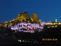 Uchisar Castle by night, Uchisar, Cappadocia, Turkey