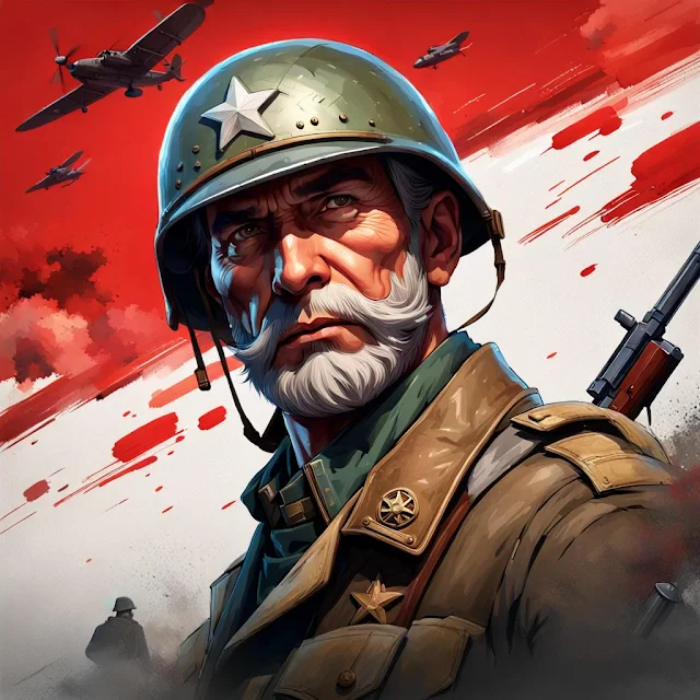 The partisan hero of WWII, epic battle scene, red star on the helmet