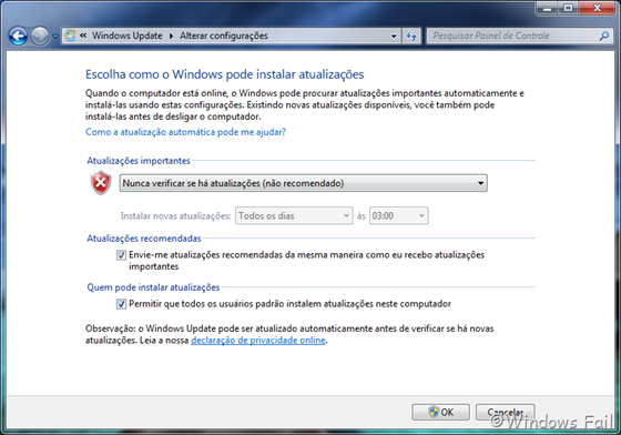 Selecione no menu drop-down a opção Nunca verificar se há atualizações (não recomendado) e clique em Ok. O Windows Update será desativado