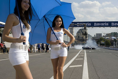 Bavaria Moscow City Racing, soviet racing, russian racing institute, girl in white outfit short pants and t-shirt