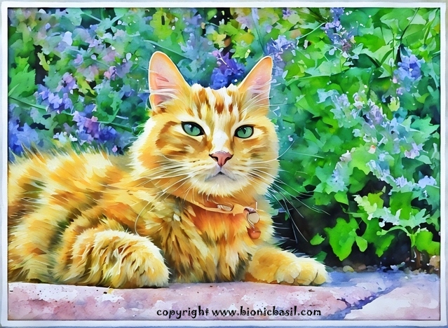 AI-enhanced digital artwork of Fudge, a ginger tabby cat with expressive green eyes, lounging on a stone patio at BBHQ. The background bursts with vibrant greenery and blooming purple catmint flowers, creating a serene garden scene. This watercolour-style portrait blends feline elegance with artistic flair, and is featured on www.bionicbasil.com—ideal for cat blog content, pet photography, and whimsical digital art.
