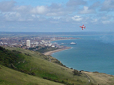 One of the Red Arrows at Airbourne - Eastbourne's annual air show