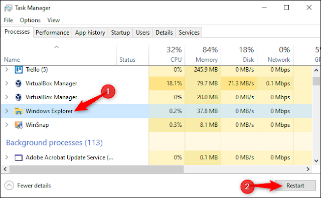 انقر فوق "مستكشف Windows" في قائمة العمليات ، ثم انقر فوق الزر "إعادة التشغيل".