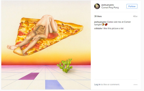 dibujo de una pareja teniendo relaciones sobre una pizza gigante