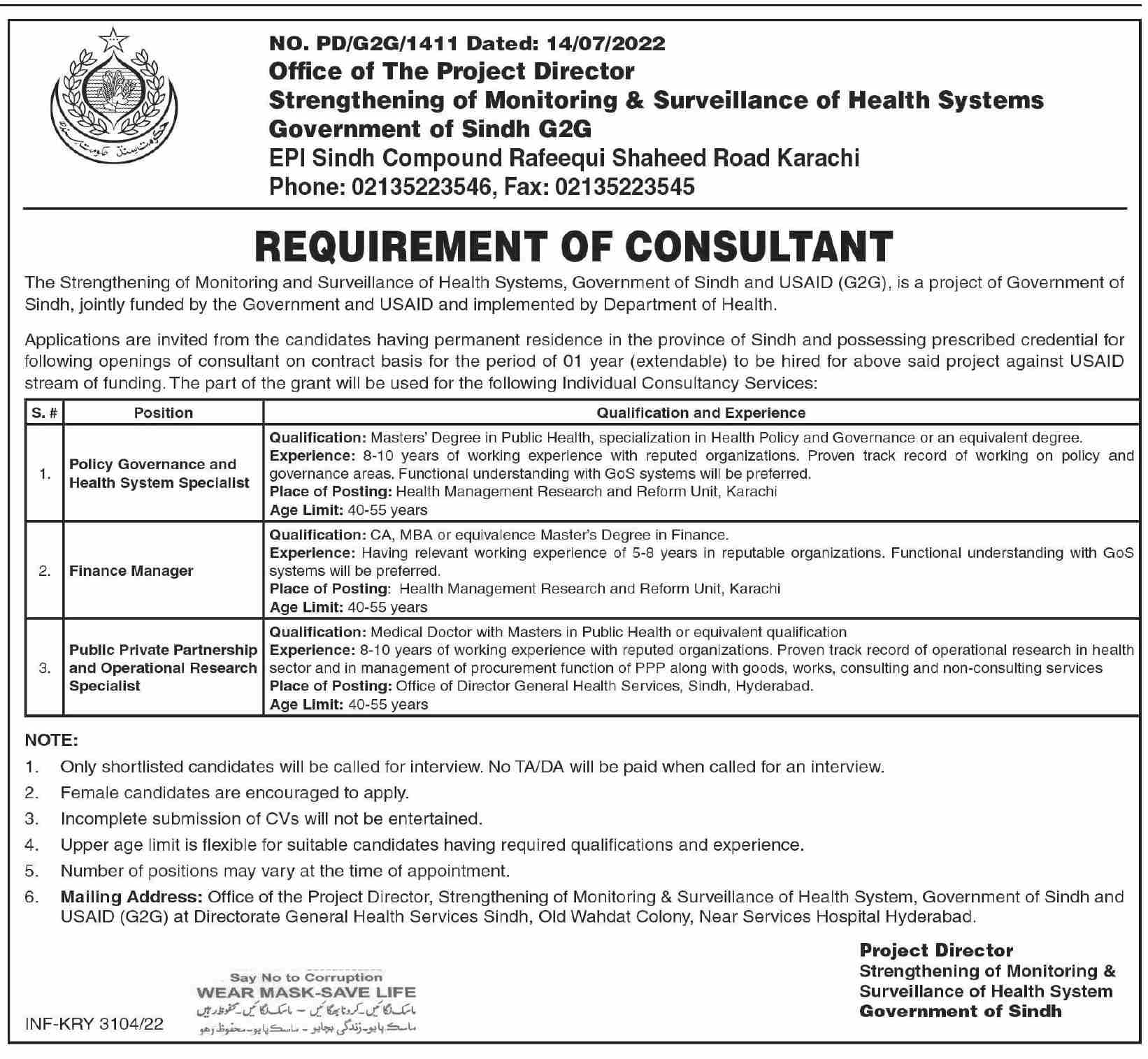 Latest Health Department Consultant Posts Karachi 2022