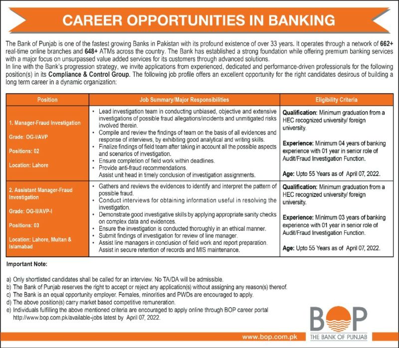 BOP Jobs 2022 – Punjab Bank Jobs – Apply Online bop.com.pk