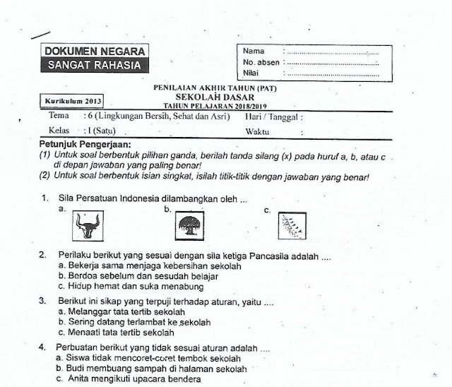 Download Soal Penilaian Akhir Tahun (PAT) Tema 6 Lingkungan Bersih, Sehat dan Asri Kelas 1 SD Tahun 2018/2019