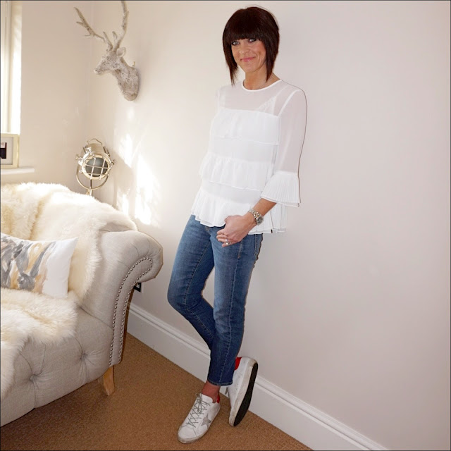 my midlife fashion,marks and spencer ruffle layer round neck ¾ sleeve blouse, baukjen the boyfriend jean, golden goose superstar leather low top trainer