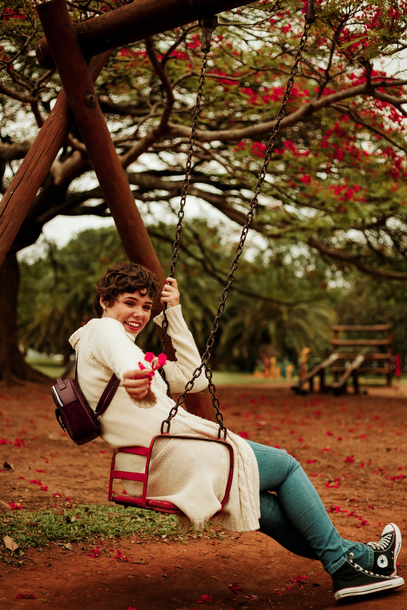 swing, flower, girl