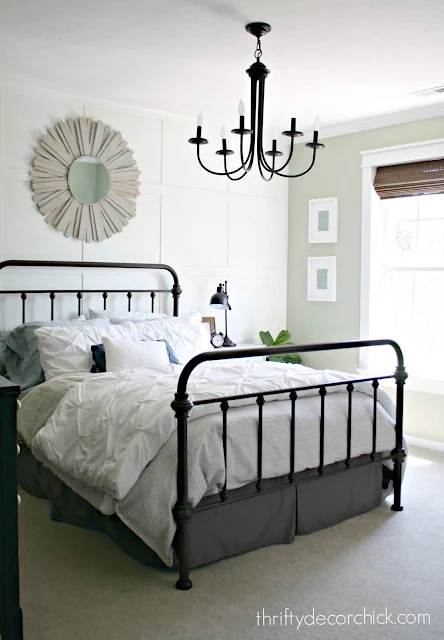 Farmhouse bedroom grid accent wall 