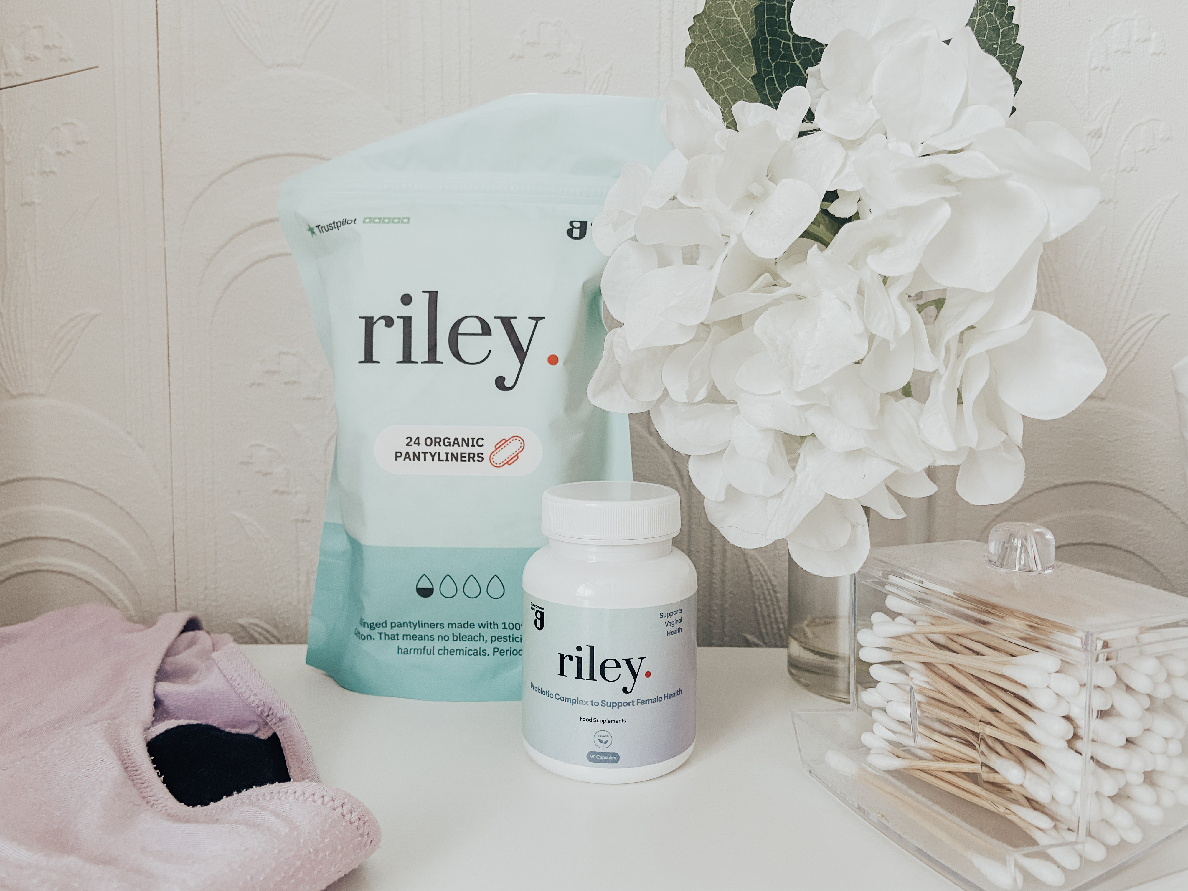 Riley pantyliners and probiotic supplement.