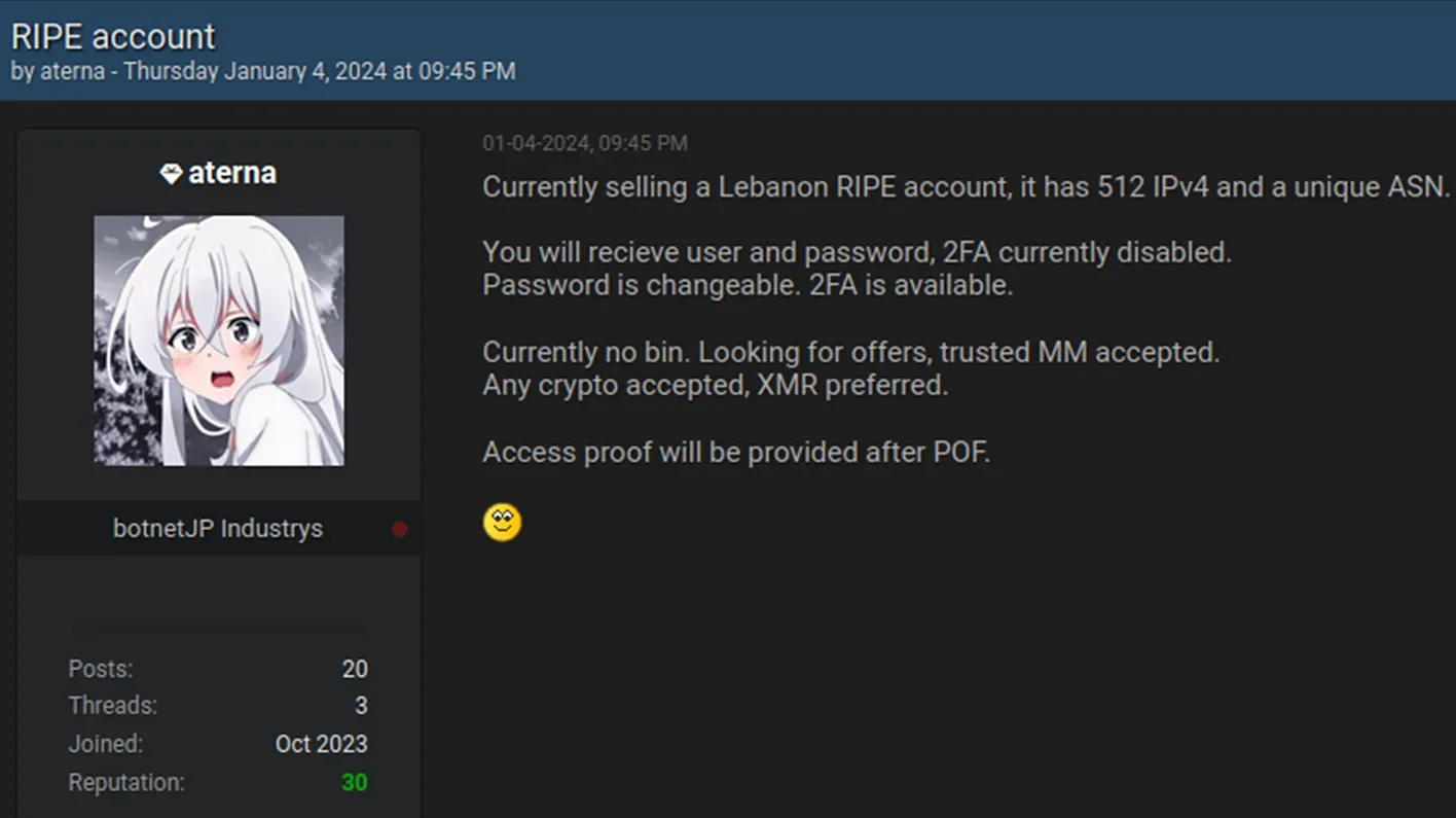Cybercriminals selling RIPE Account access