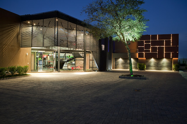 Modern house entrance at night