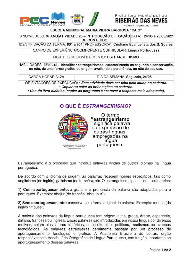 LÍNGUA PORTUGUESA - PROFª. CRISTIANE EVANGELISTA - ATIVIDADE 25 - INTRODUÇÃO E FIXAÇÃO DE CONTEÚDOS - 901 a 904 (24 a 28/05/2021)