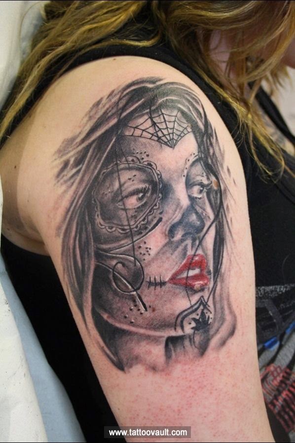 Women Shoulder Face Tattoo, Women Face On Shoulder Tattoo, Women Face Spider Web Tattoo, Women Rosy Lips Face Tattoo, Women, Parts, Artist,