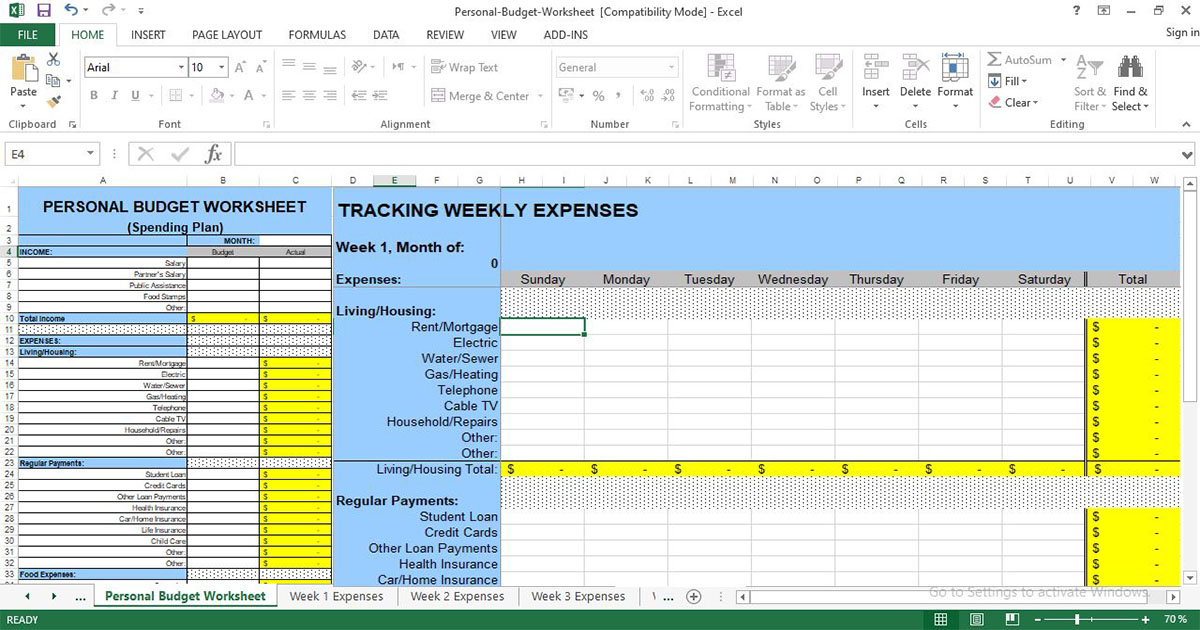 Excel sheet to keep track of expenses