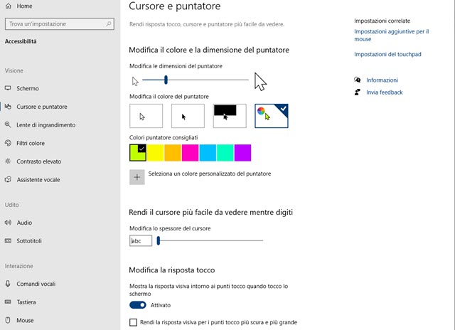 modificare lo stile la dimensione e il colore del puntatore