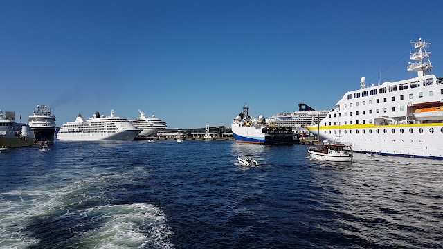 6 cruise ships in Bergen; Queen Mary 2, Mein Schiff 1, Hamburg, Norwegian Jade, Silver Whisper & Crystal Symphony