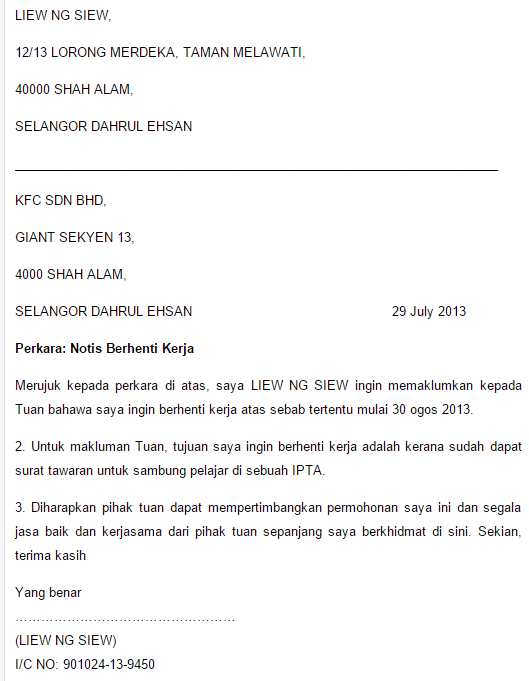 Surat Rasmi Berhenti Kerja Notis Sebulan Surat Rasmi Ra