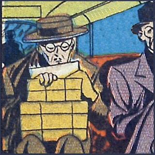 Two men sit near each other on a bench seat. The man on the left is thin with eyes downcast, wearing glasses, a hat and holding boxes on his lap. The other man wears a dapper purple suit but most of his face and body are outside the frame of the drawing. Modified detail of a panel from Suspense Comics No. 1 (Dec 1943). Pencils by Don Rico.