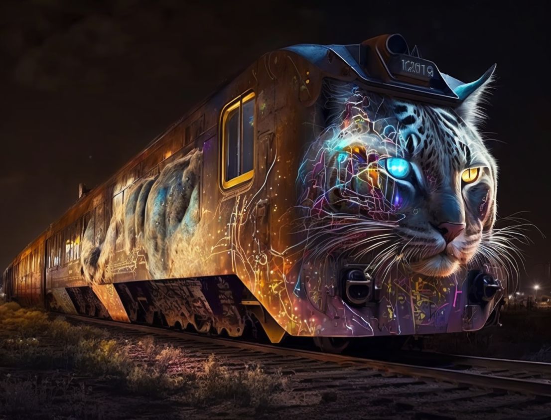 Prompt graffiti cat spray painting on a train at night highly detailed