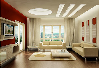 living room design with red and white color furniture