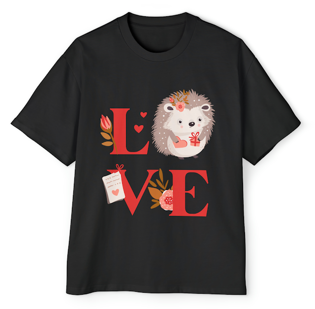 Men's Heavy Oversized T-Shirt With Red Pink Cute Playful Hedgehog Love Valentine's Day