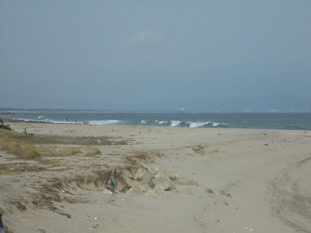 砂浜と荒波と島根半島が薄っすらと見えますか