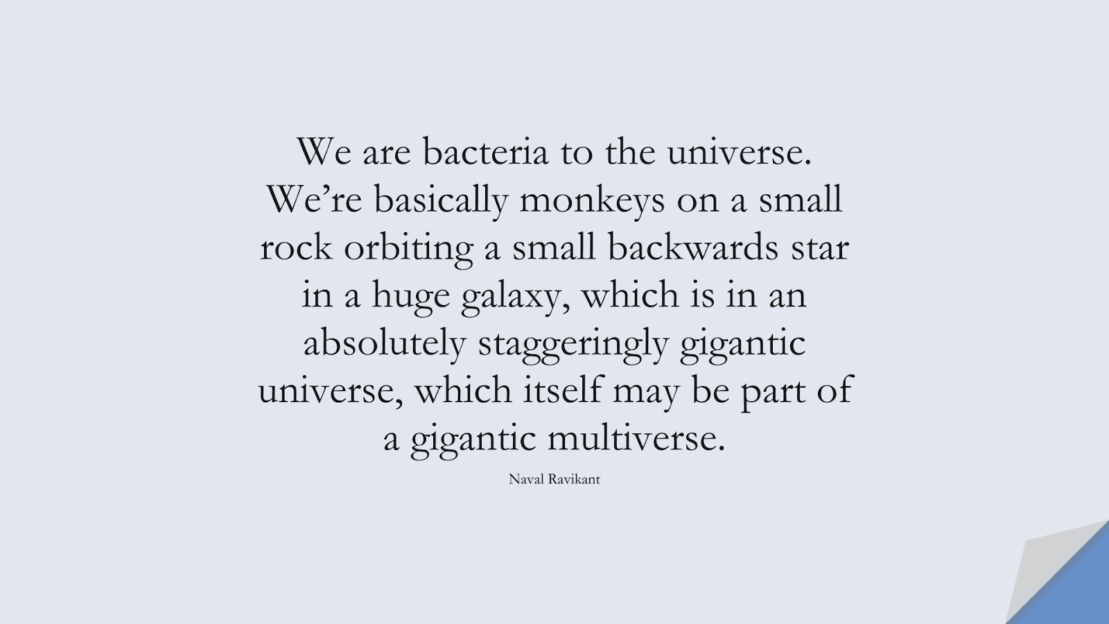 We are bacteria to the universe. We’re basically monkeys on a small rock orbiting a small backwards star in a huge galaxy, which is in an absolutely staggeringly gigantic universe, which itself may be part of a gigantic multiverse. (Naval Ravikant);  #StoicQuotes