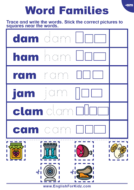 Am word family activities - worksheets for kids