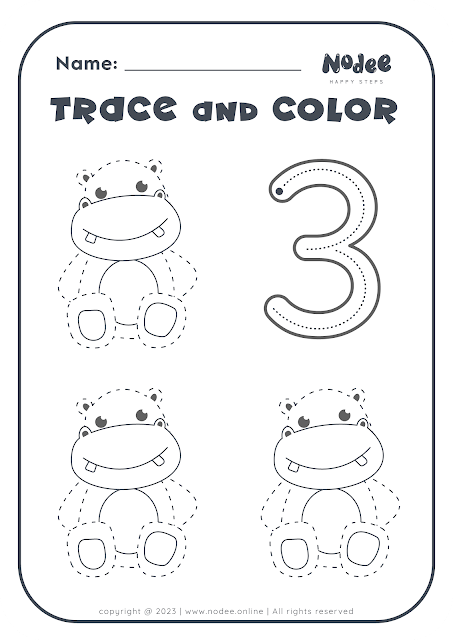 Black and white - Trace and Color Number three Worksheet for Kids
