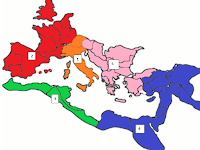 Region 1: Peninsular Italy; Region 2: Western Europe; Region 3: Northern Africa, including Carthage; Region 4: Egypt and the Middle East; Region 5: Peninsular Greece and the coast of Turkey