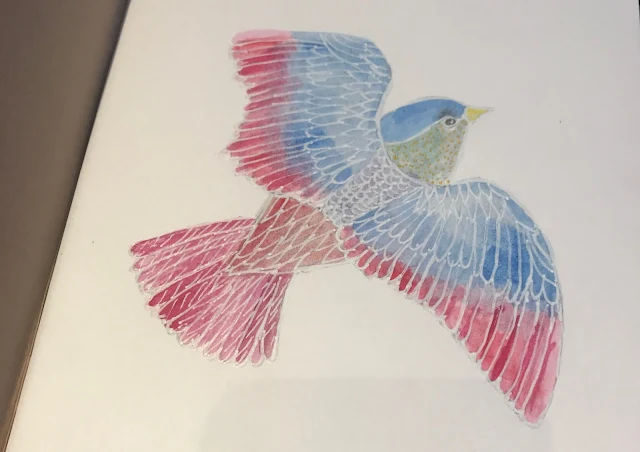 A red and blue bird in water colours with white outlines