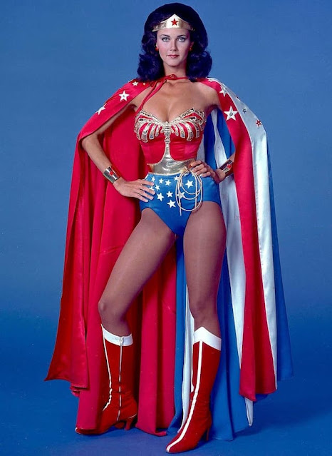 Lynda Carter posing in Wonder Woman garb