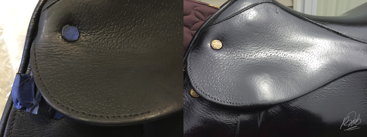 before and after applying Resolene to dyed leather