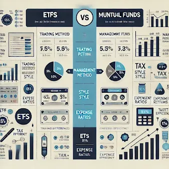 An infographic comparing ETFs and mutual funds, highlighting differences in trading methods, management styles, expense ratios, tax efficiency, and investment strategies for long-term investors.
