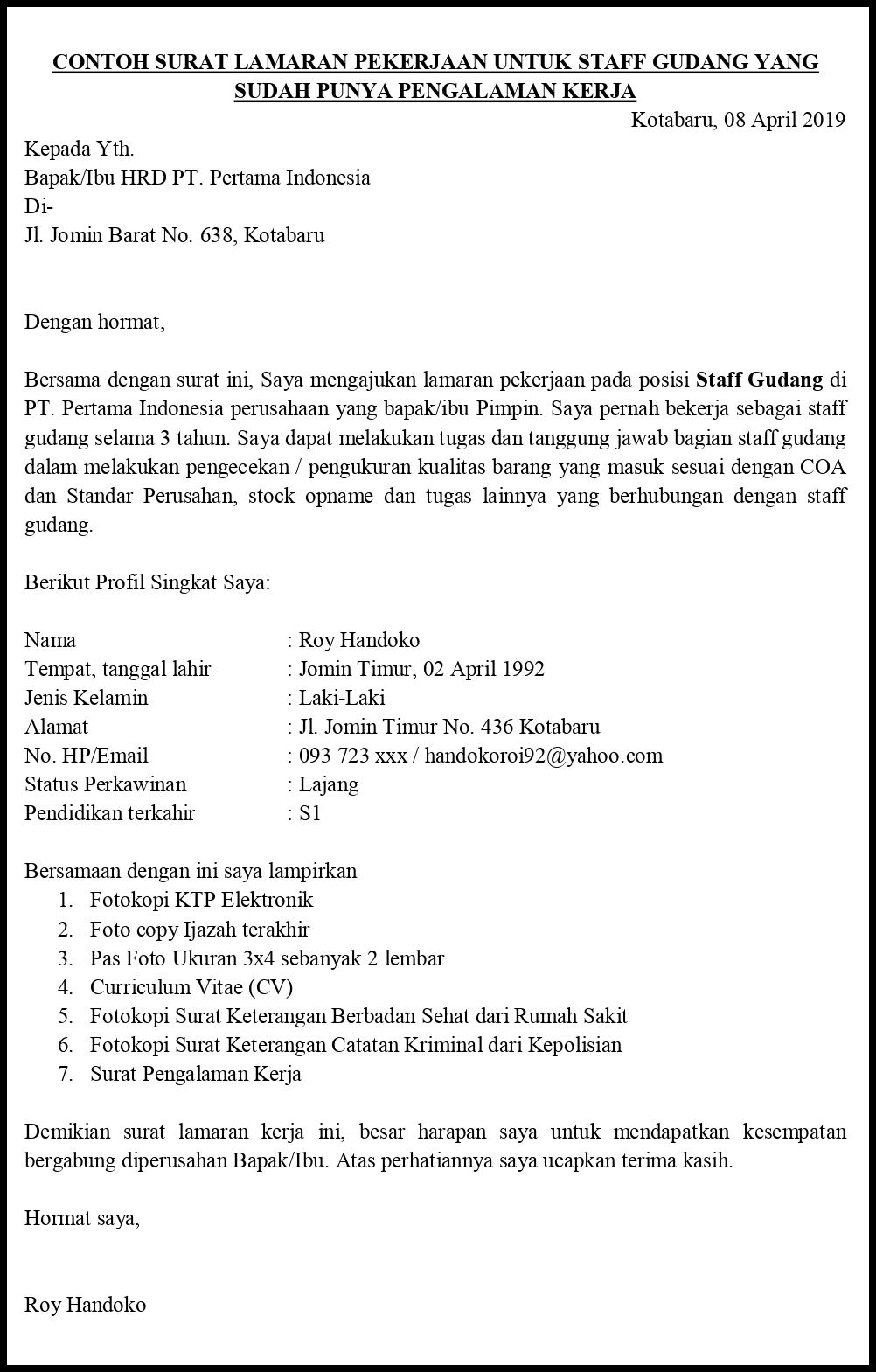 Contoh Surat Lamaran Pekerjaan Untuk Manufaktur Dan Gudang ...